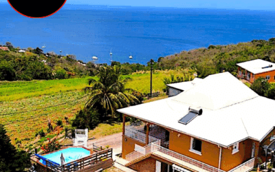 A VENDRE AU CARBET – ENSEMBLE IMMOBILIER DE 355M² AVEC PISCINE + DÉPENDANCE SUR 2000 M² DE TERRAIN – VUE MER ET MONTAGNE PELÉE – 595 000 €
